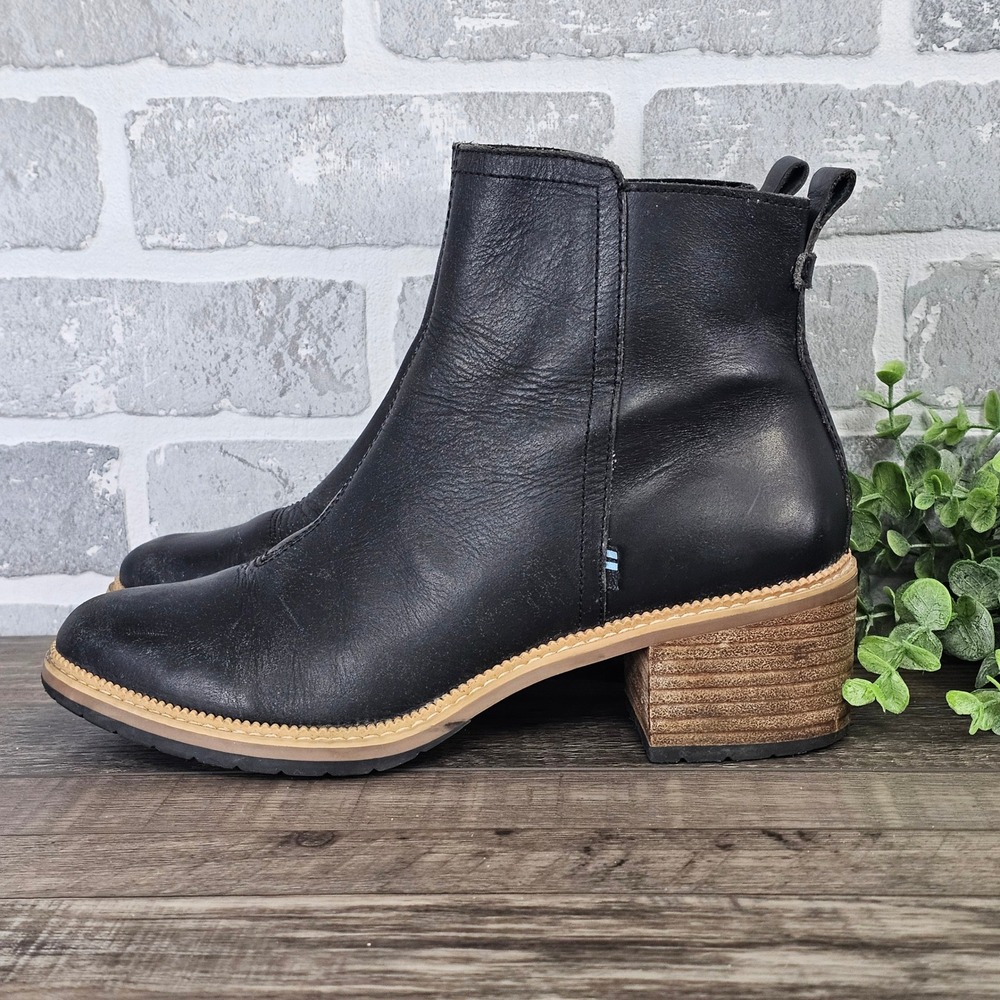 TOMS Marina Black Leather Ankle Boots Womens Size 9 Side Zip Stacked Block‎ Heel